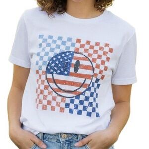 American Flag Smiley Face Checkerboard Distressed Graphic T-Shirt Tee M NIB